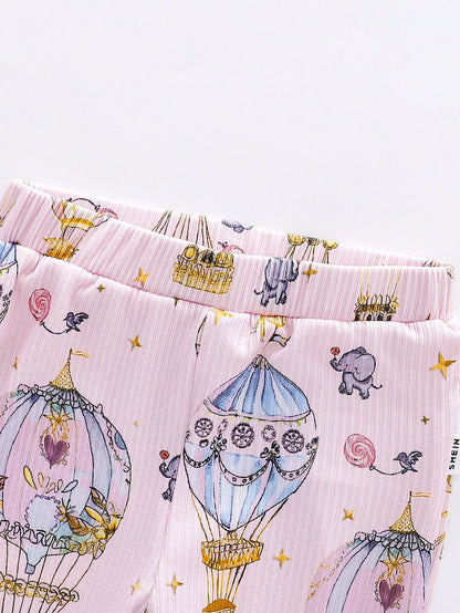 Playful Pals Baby Girls Cute Whimsical Hot Air Balloon & Elephant Print Long Sleeve Top And Pants Set, Cozy And Comfortable, Perfect For Everyday Casual Wear