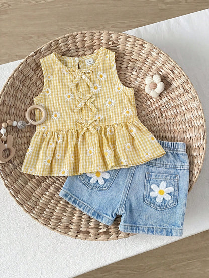 Playful Pals Summer Soft Squishy Fabric 2026 Spring/Summer New Fashion Vacation Travel Essential Girls Summer Wear 26 Spring/Summer New Fashion Baby Girls Summer Yellow Plaid Daisy Sweet Casual