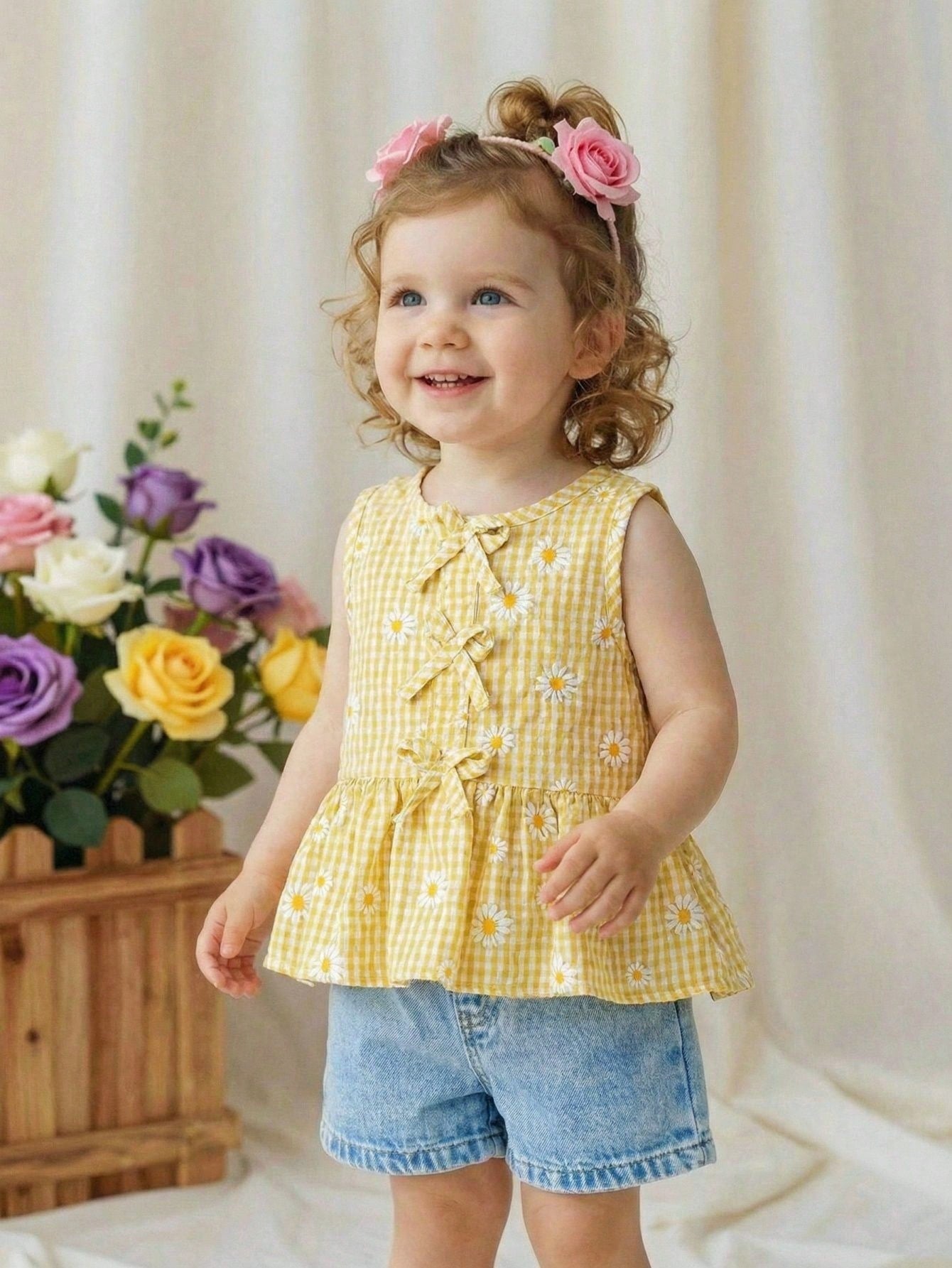 Playful Pals Summer Soft Squishy Fabric 2026 Spring/Summer New Fashion Vacation Travel Essential Girls Summer Wear 26 Spring/Summer New Fashion Baby Girls Summer Yellow Plaid Daisy Sweet Casual
