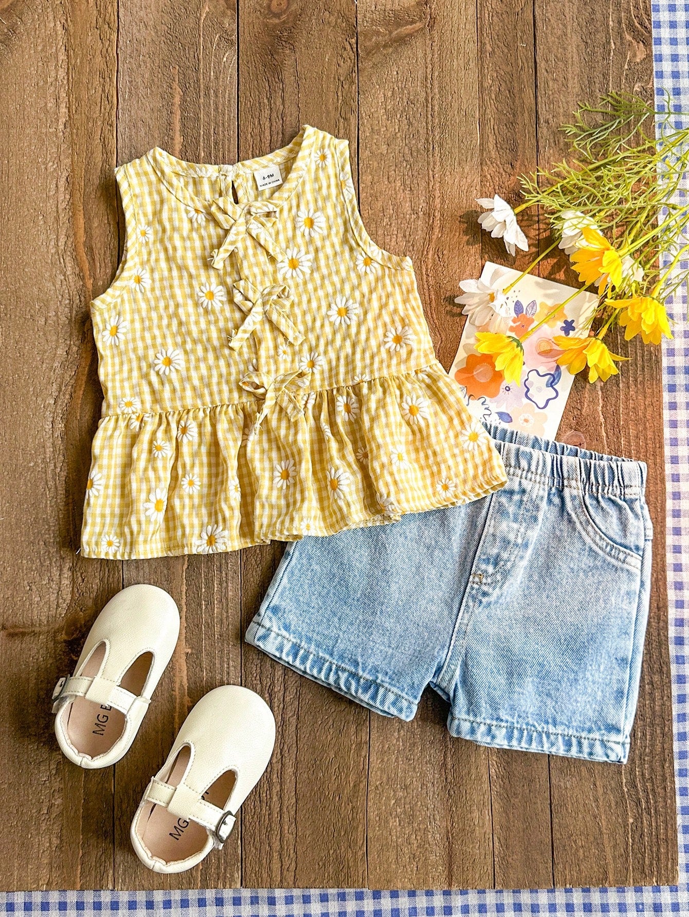 Playful Pals Summer Soft Squishy Fabric 2026 Spring/Summer New Fashion Vacation Travel Essential Girls Summer Wear 26 Spring/Summer New Fashion Baby Girls Summer Yellow Plaid Daisy Sweet Casual