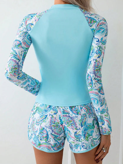 Plus Size Casual Blue Knitted High Stretch Swimsuit With Long Sleeve Top & Printed Shorts, Perfect Bathing Suit For Summer Beach Days