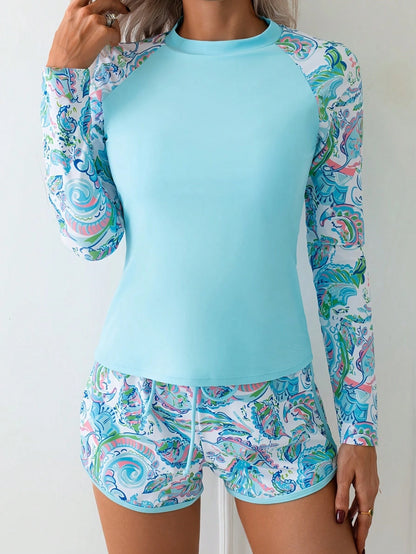 Plus Size Casual Blue Knitted High Stretch Swimsuit With Long Sleeve Top & Printed Shorts, Perfect Bathing Suit For Summer Beach Days