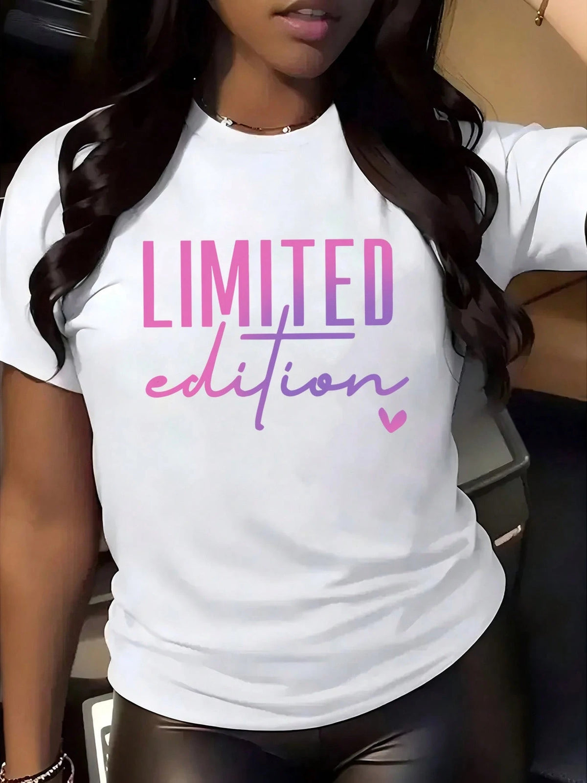 Plus Size-Limited Edition Women's T-Shirt, Pink And Purple "Limited Edition" Letter Print- Soft Elastic Polyester, Round Neck Short Sleeve Casual Top