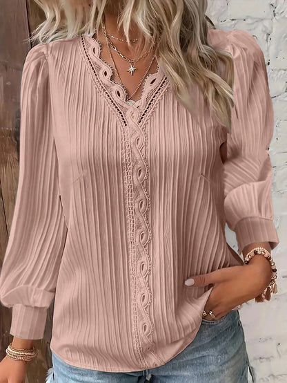 Plus Size Plain Lace Trim Long Sleeve Casual Blouse Fall Cloth For Women