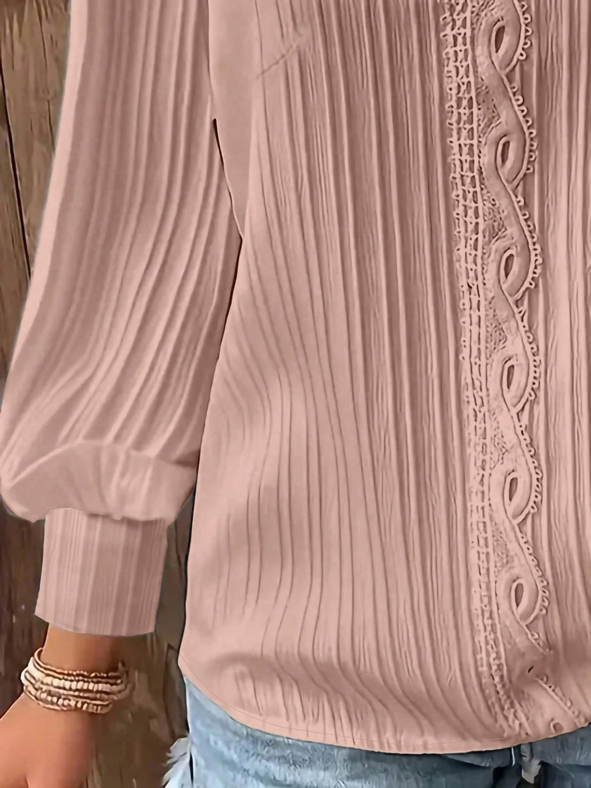 Plus Size Plain Lace Trim Long Sleeve Casual Blouse Fall Cloth For Women