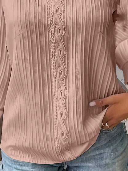 Plus Size Plain Lace Trim Long Sleeve Casual Blouse Fall Cloth For Women