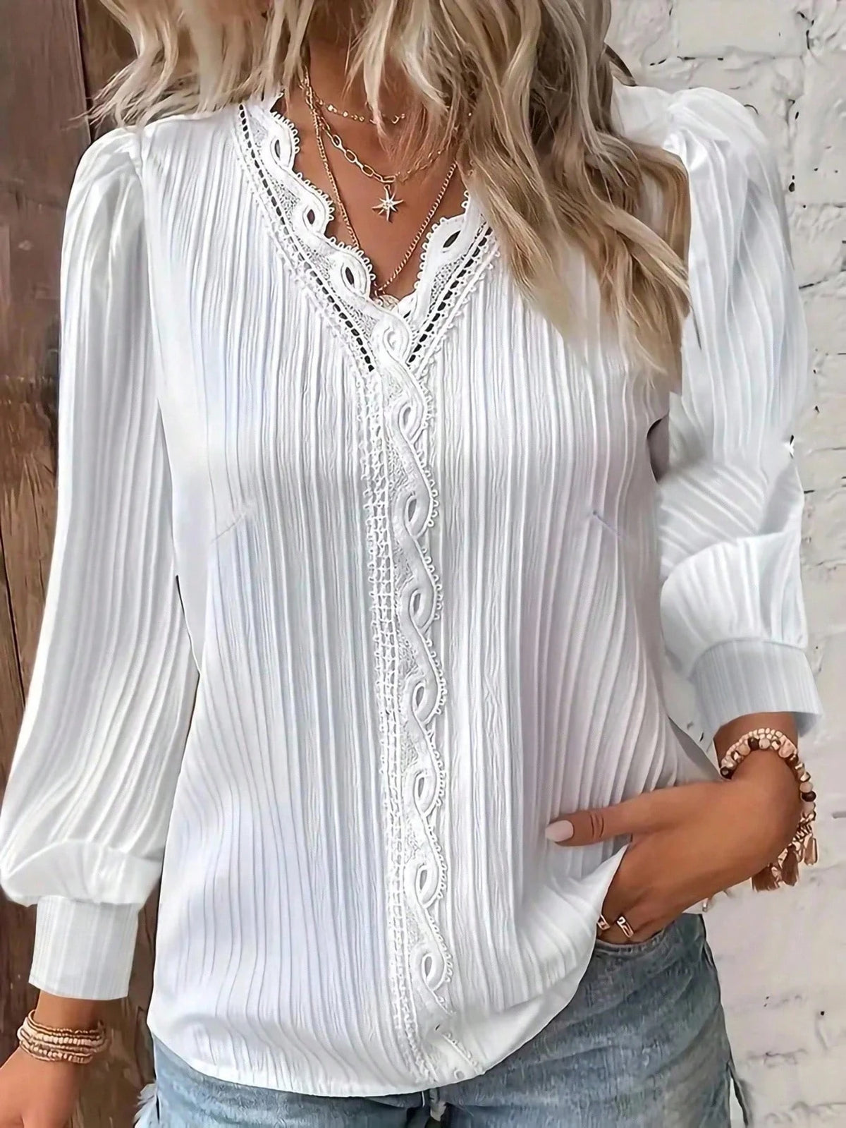 Plus Size Plain Lace Trim Long Sleeve Casual Blouse Fall Cloth For Women