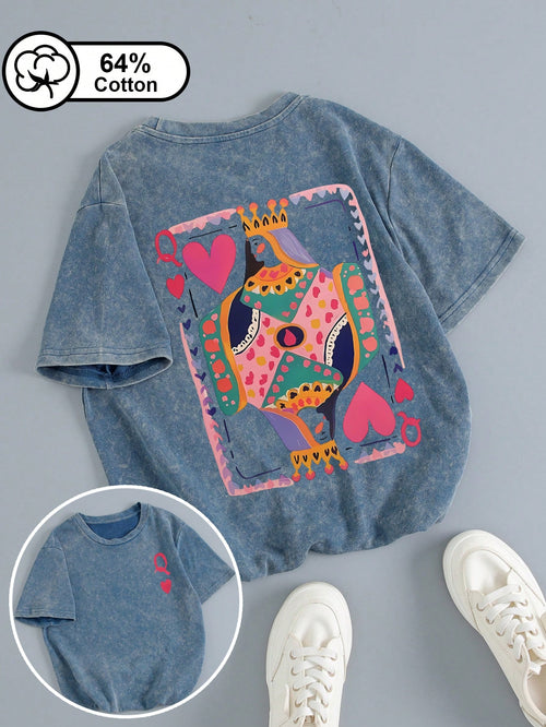 Plus-Size Women's Casual Short-Sleeve T-Shirt "Queen Of Hearts" Double-Sided Print Tee Vintage Washed Crew Neck, Sweet Edgy "Queen" Style, Summer Top