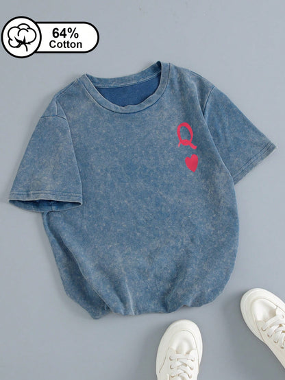Plus-Size Women's Casual Short-Sleeve T-Shirt "Queen Of Hearts" Double-Sided Print Tee Vintage Washed Crew Neck, Sweet Edgy "Queen" Style, Summer Top