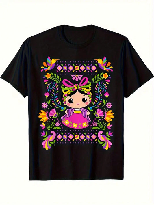 Plus Size Women'S Mexican Mazawa Cartoon Print T-Shirt- Vibrant Floral Design, All-Season, Washable, Black With Colorful Flowers, Durable Print Shirt