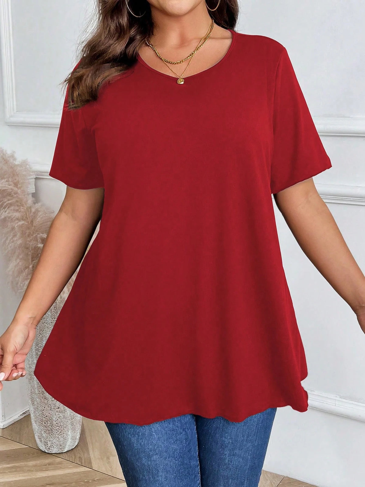 Plus Size Women's Plain Round Neck T-Shirt, Simple Fashionable Casual For Everyday Wear