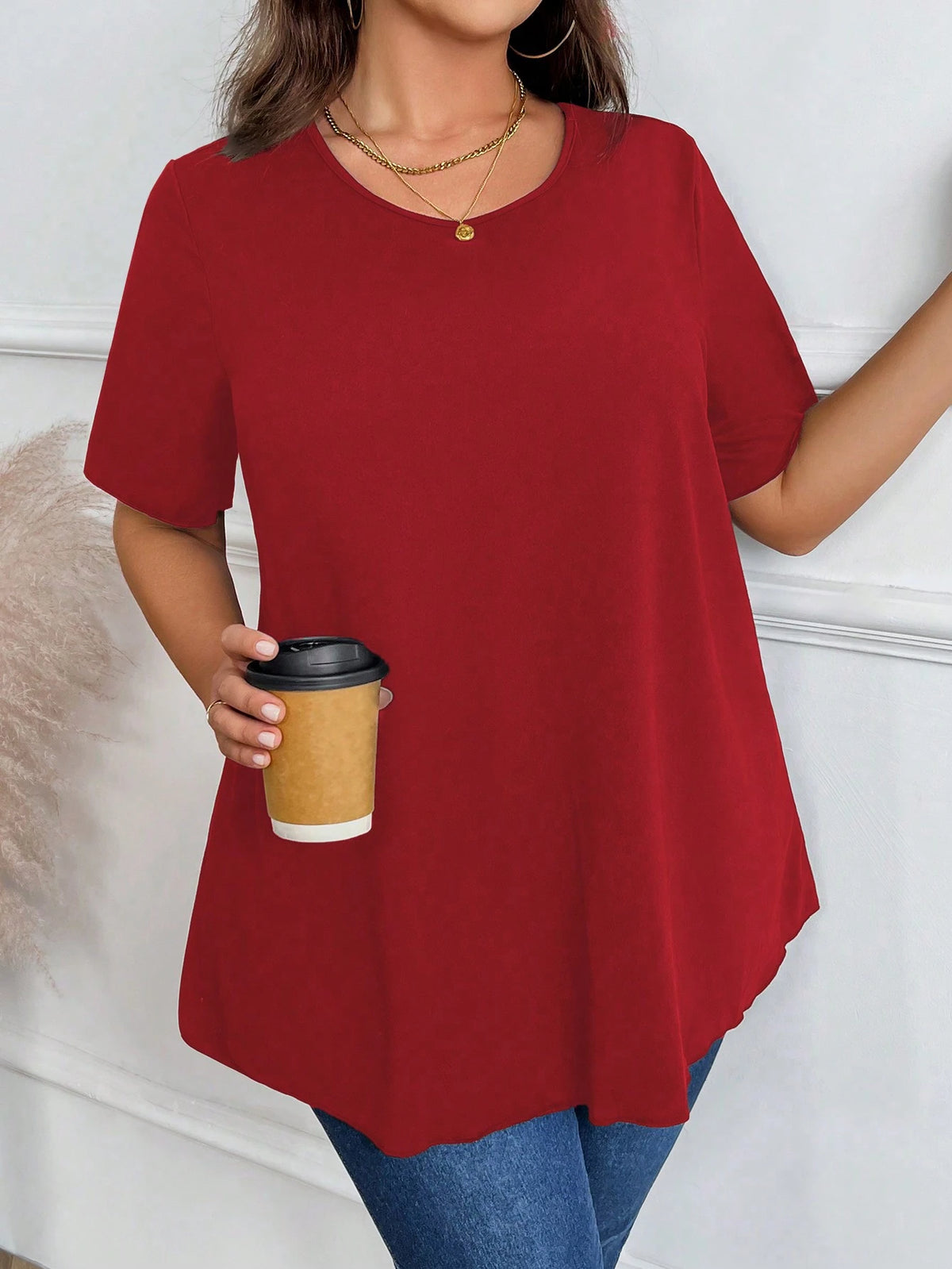 Plus Size Women's Plain Round Neck T-Shirt, Simple Fashionable Casual For Everyday Wear