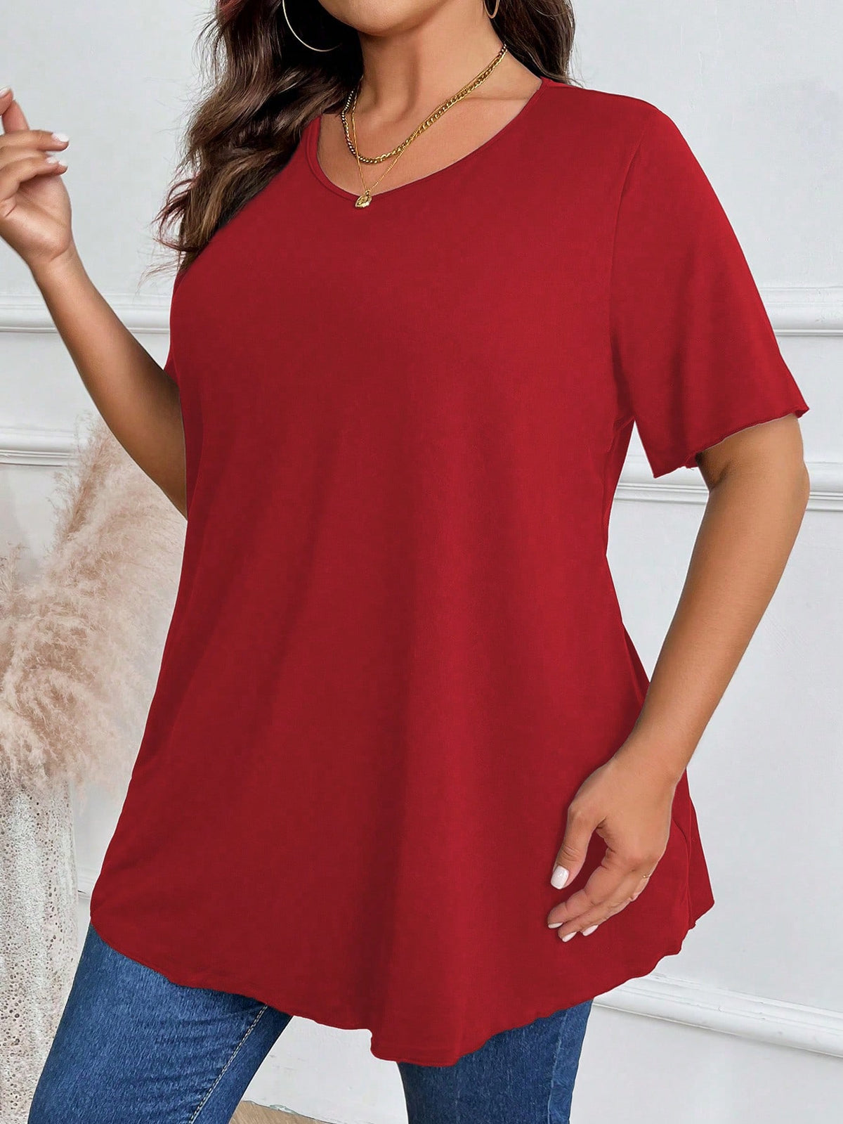 Plus Size Women's Plain Round Neck T-Shirt, Simple Fashionable Casual For Everyday Wear