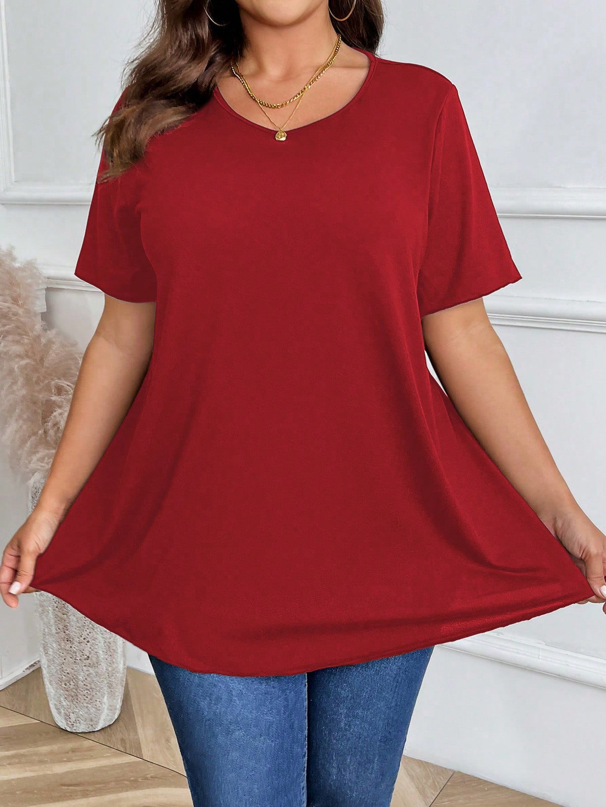 Plus Size Women's Plain Round Neck T-Shirt, Simple Fashionable Casual For Everyday Wear