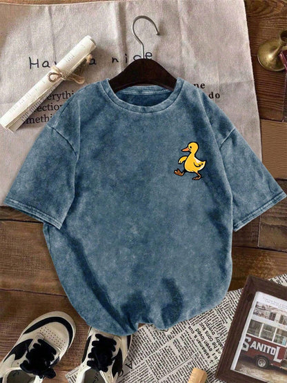 Plus Size Women's Short Sleeve Duck Print T-Shirt, Round Neck Regular Fit Casual Top, Slightly Stretchy, Suitable For Autumn Summer