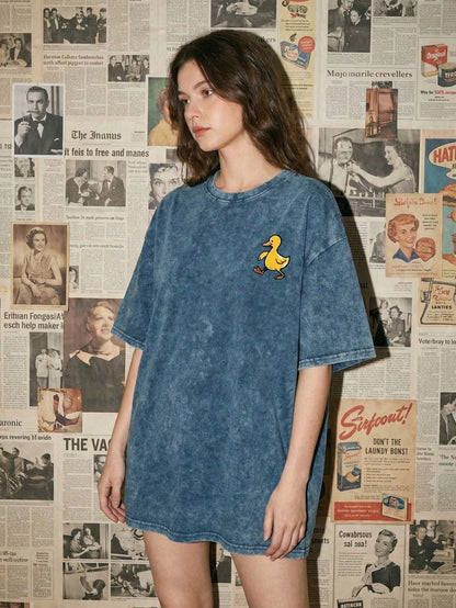 Plus Size Women's Short Sleeve Duck Print T-Shirt, Round Neck Regular Fit Casual Top, Slightly Stretchy, Suitable For Autumn Summer
