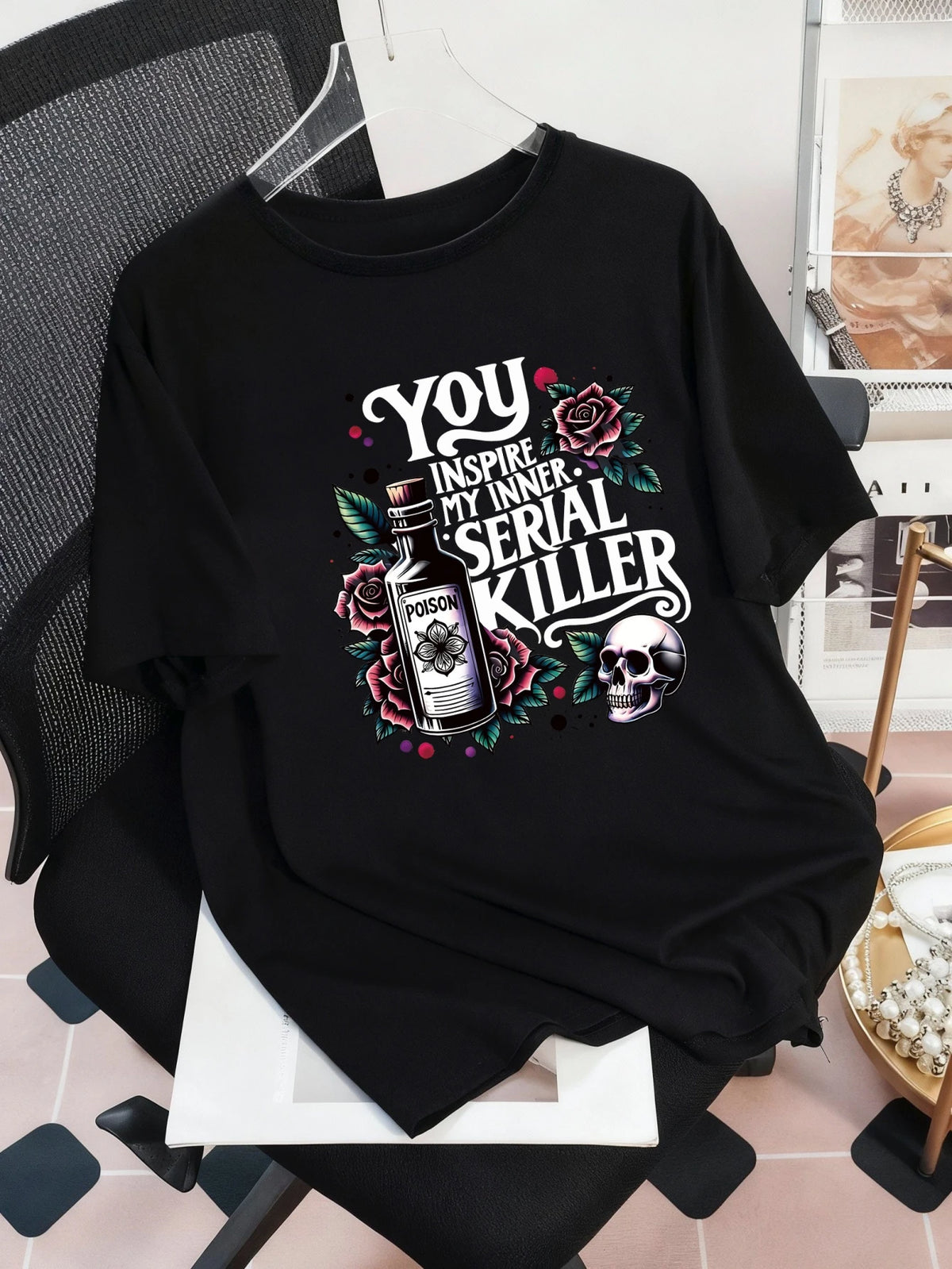 Plus Size Women's Summer Poison Bottle, Rose, Skull And Slogan Graphic T-Shirt Casual Black