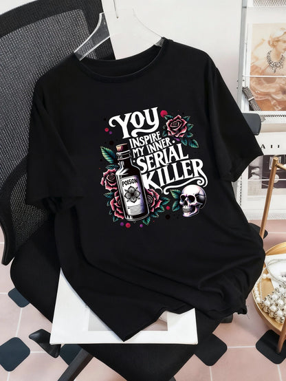 Plus Size Women's Summer Poison Bottle, Rose, Skull And Slogan Graphic T-Shirt Casual Black