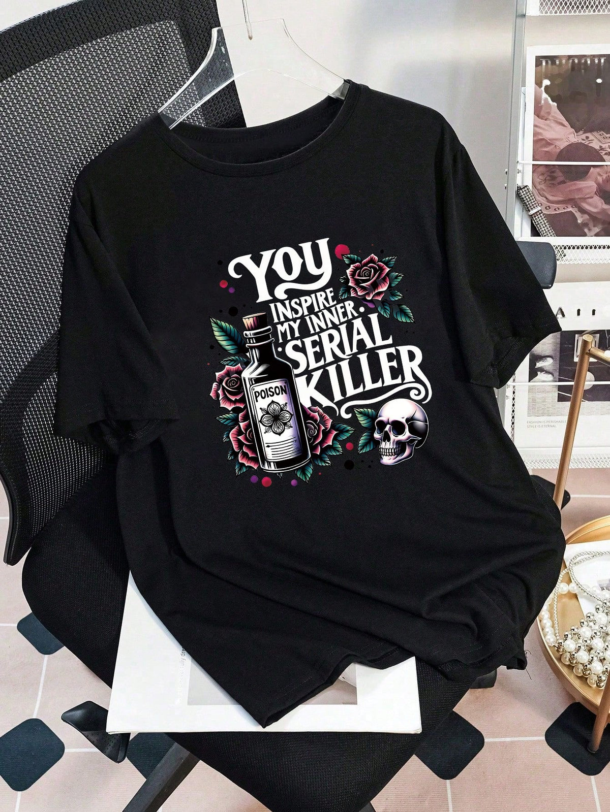 Plus Size Women's Summer Poison Bottle, Rose, Skull And Slogan Graphic T-Shirt Casual Black
