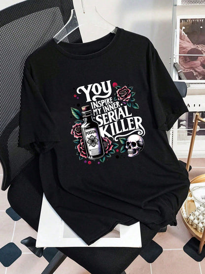 Plus Size Women's Summer Poison Bottle, Rose, Skull And Slogan Graphic T-Shirt Casual Black