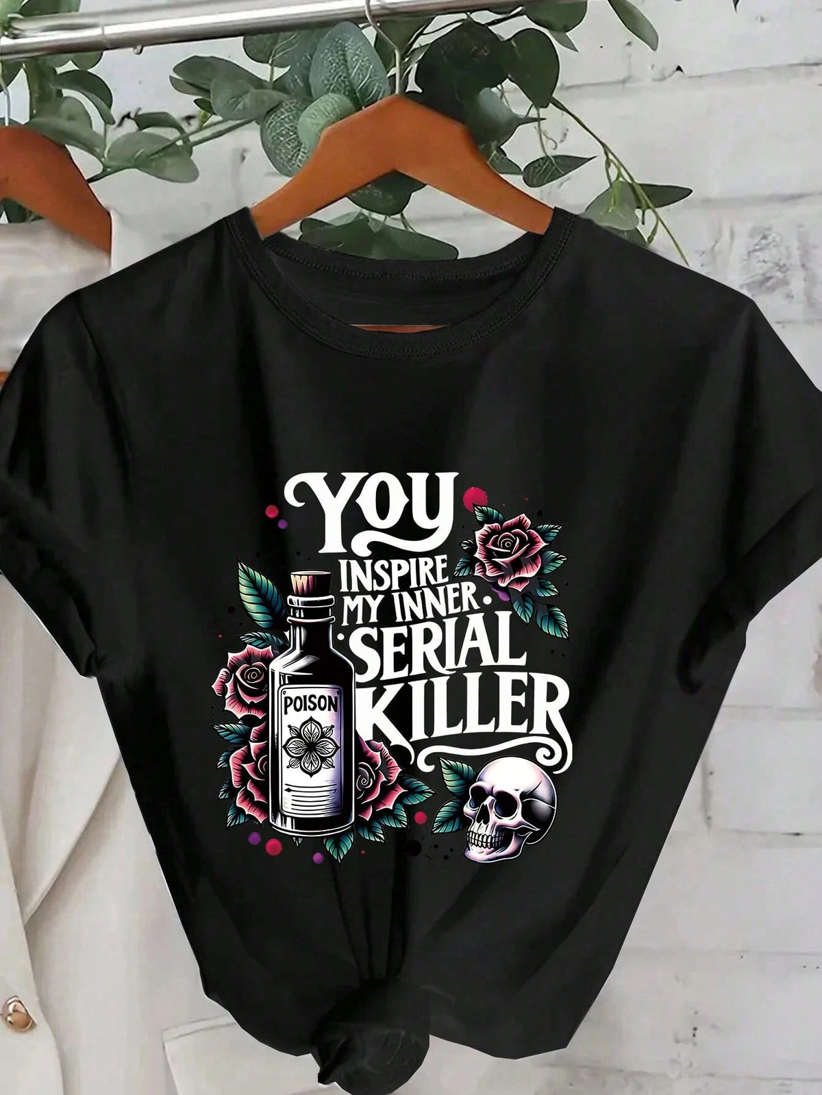 Plus Size Women's Summer Poison Bottle, Rose, Skull And Slogan Graphic T-Shirt Casual Black