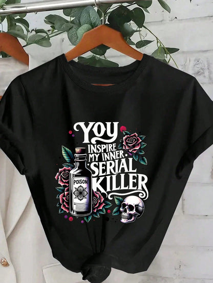 Plus Size Women's Summer Poison Bottle, Rose, Skull And Slogan Graphic T-Shirt Casual Black