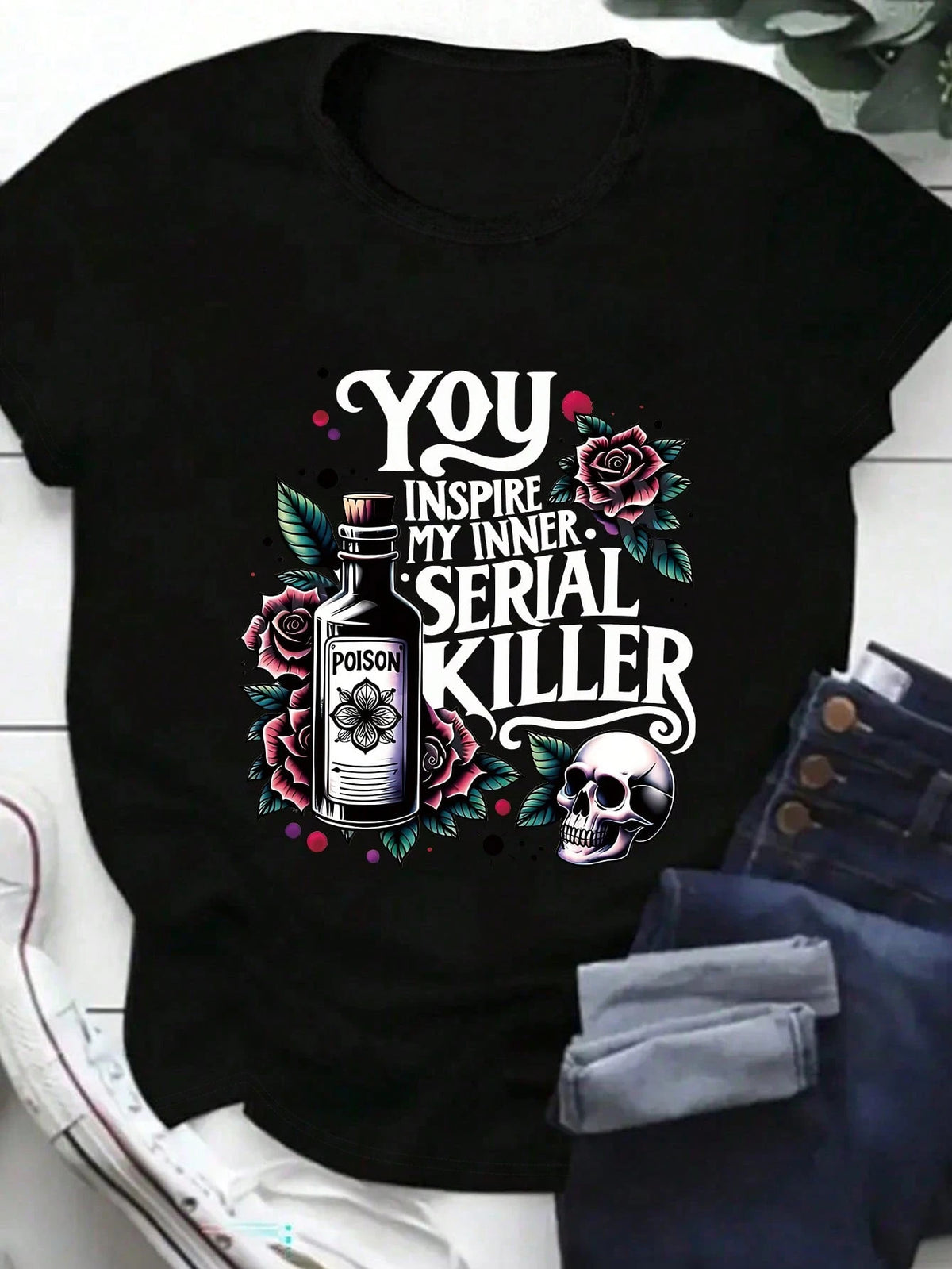 Plus Size Women's Summer Poison Bottle, Rose, Skull And Slogan Graphic T-Shirt Casual Black