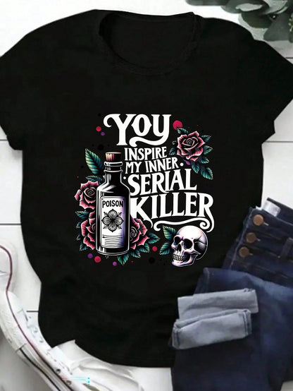 Plus Size Women's Summer Poison Bottle, Rose, Skull And Slogan Graphic T-Shirt Casual Black