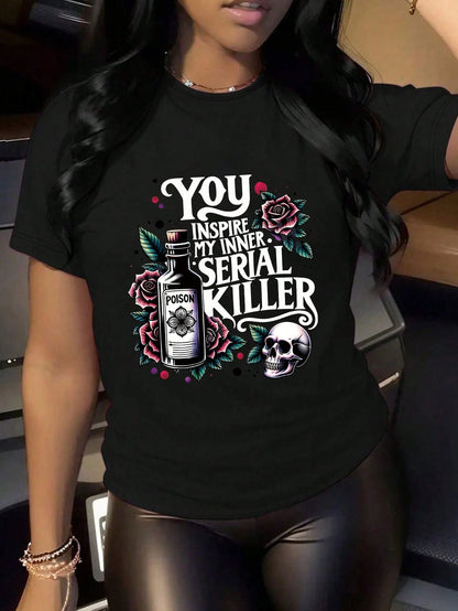 Plus Size Women's Summer Poison Bottle, Rose, Skull And Slogan Graphic T-Shirt Casual Black