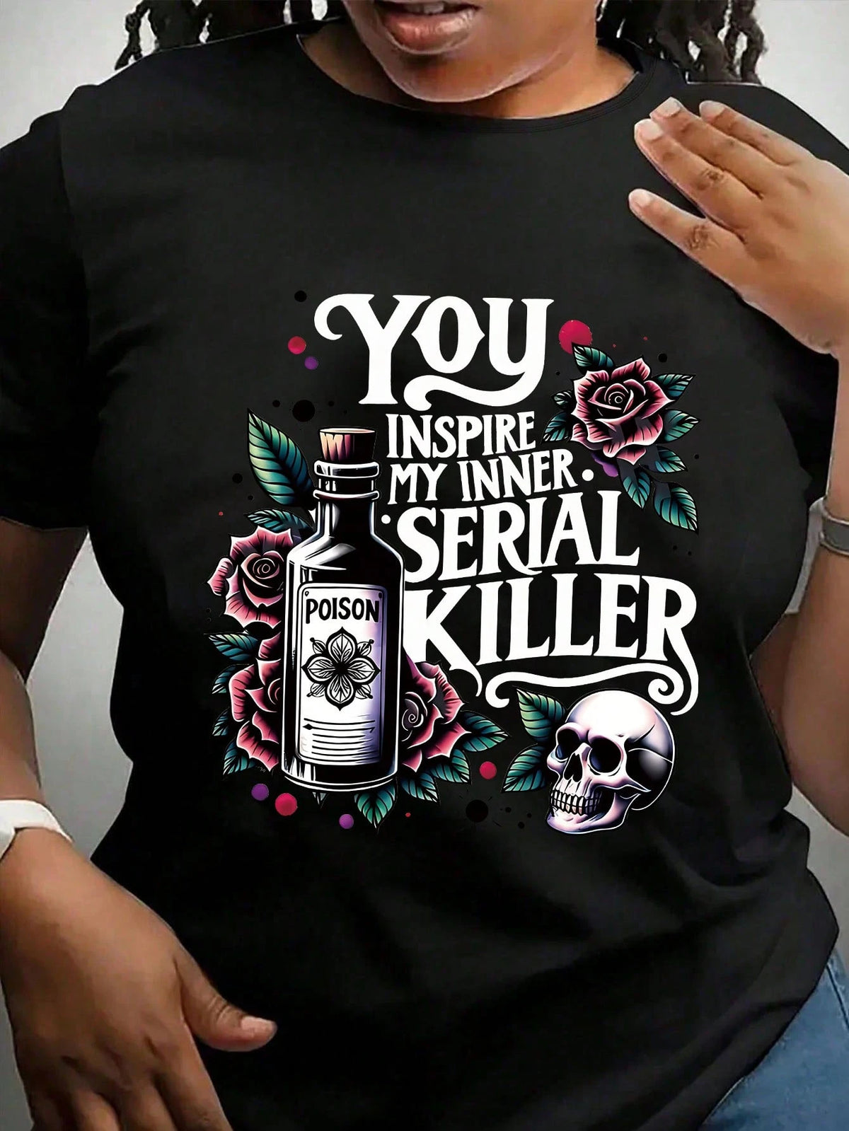 Plus Size Women's Summer Poison Bottle, Rose, Skull And Slogan Graphic T-Shirt Casual Black
