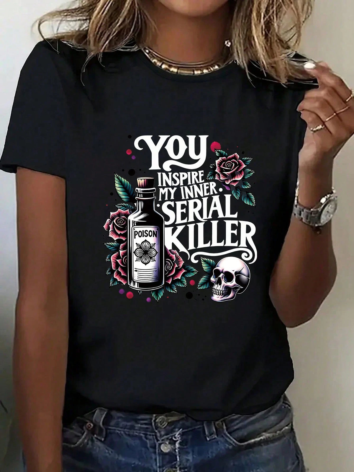 Plus Size Women's Summer Poison Bottle, Rose, Skull And Slogan Graphic T-Shirt Casual Black