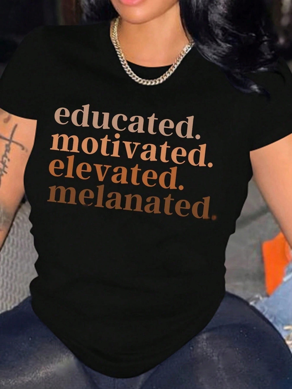 Plus Size Women T-Shirts,Educated. Motivated. Elevated. Melanated., 100% Cotton Casual Printed T-Shirt