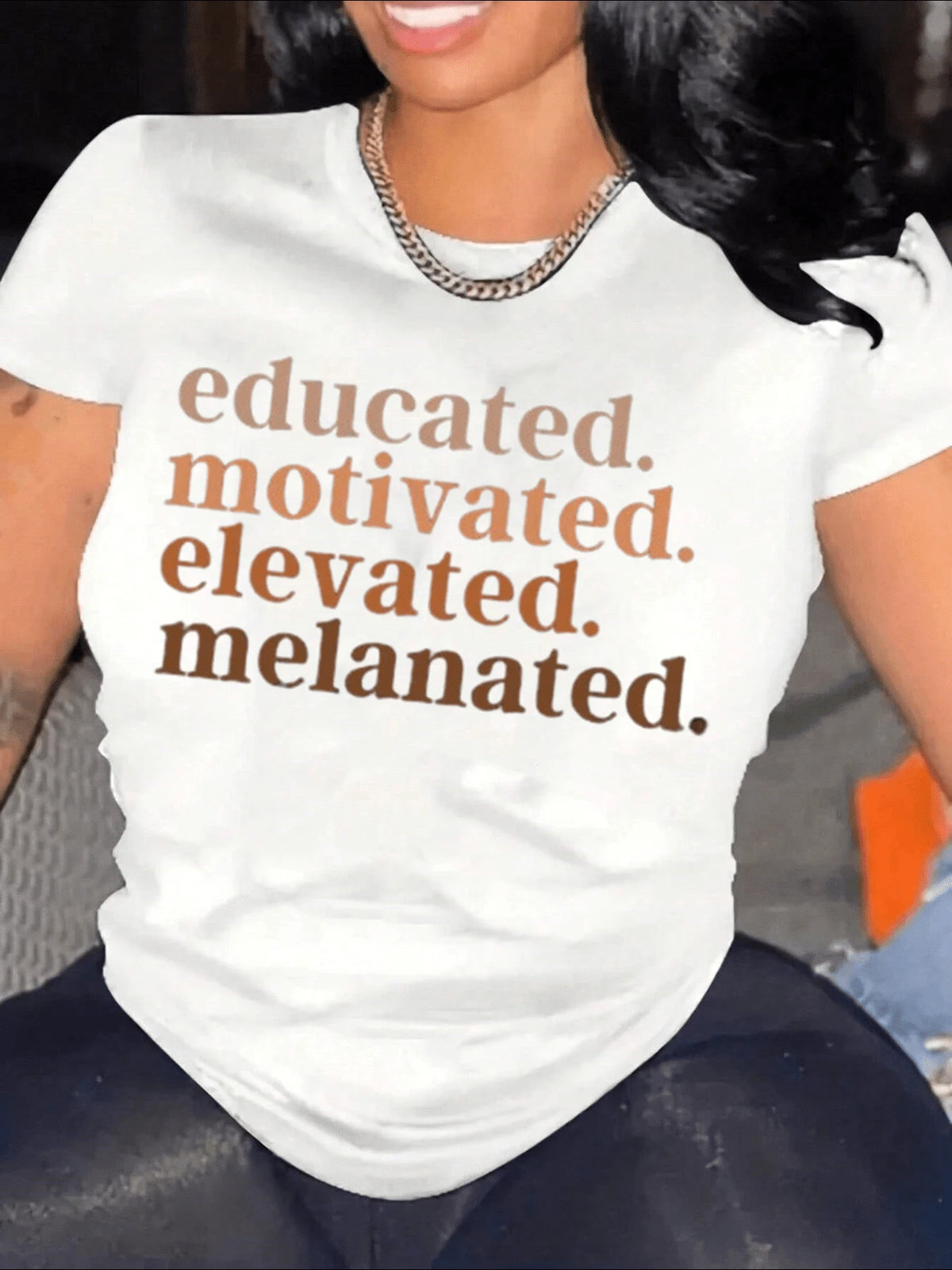Plus Size Women T-Shirts,Educated. Motivated. Elevated. Melanated., 100% Cotton Casual Printed T-Shirt