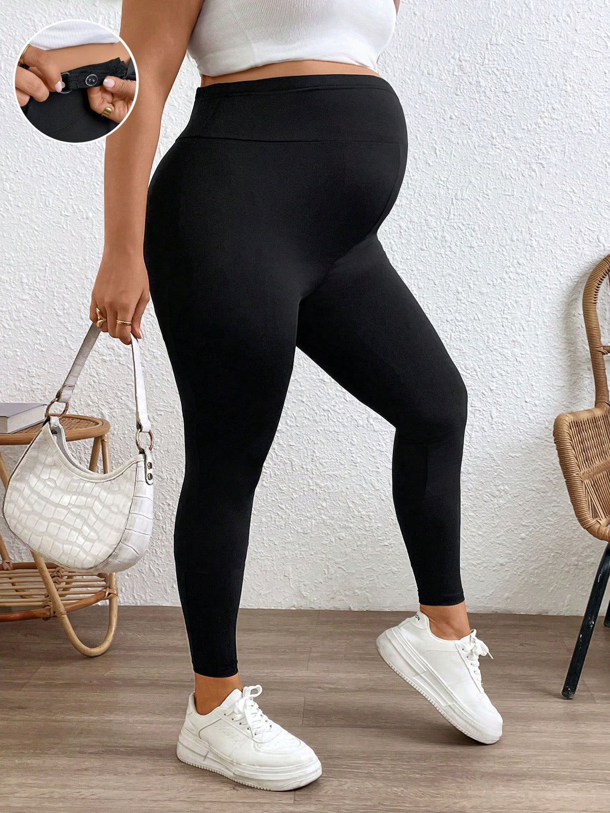 Plussiva Plus Size Women Pregnant Solid Color Adjustable Waist Tight Casual Pants