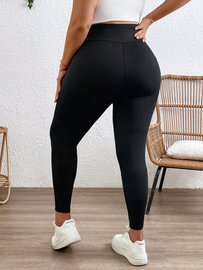 Plussiva Plus Size Women Pregnant Solid Color Adjustable Waist Tight Casual Pants