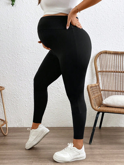 Plussiva Plus Size Women Pregnant Solid Color Adjustable Waist Tight Casual Pants