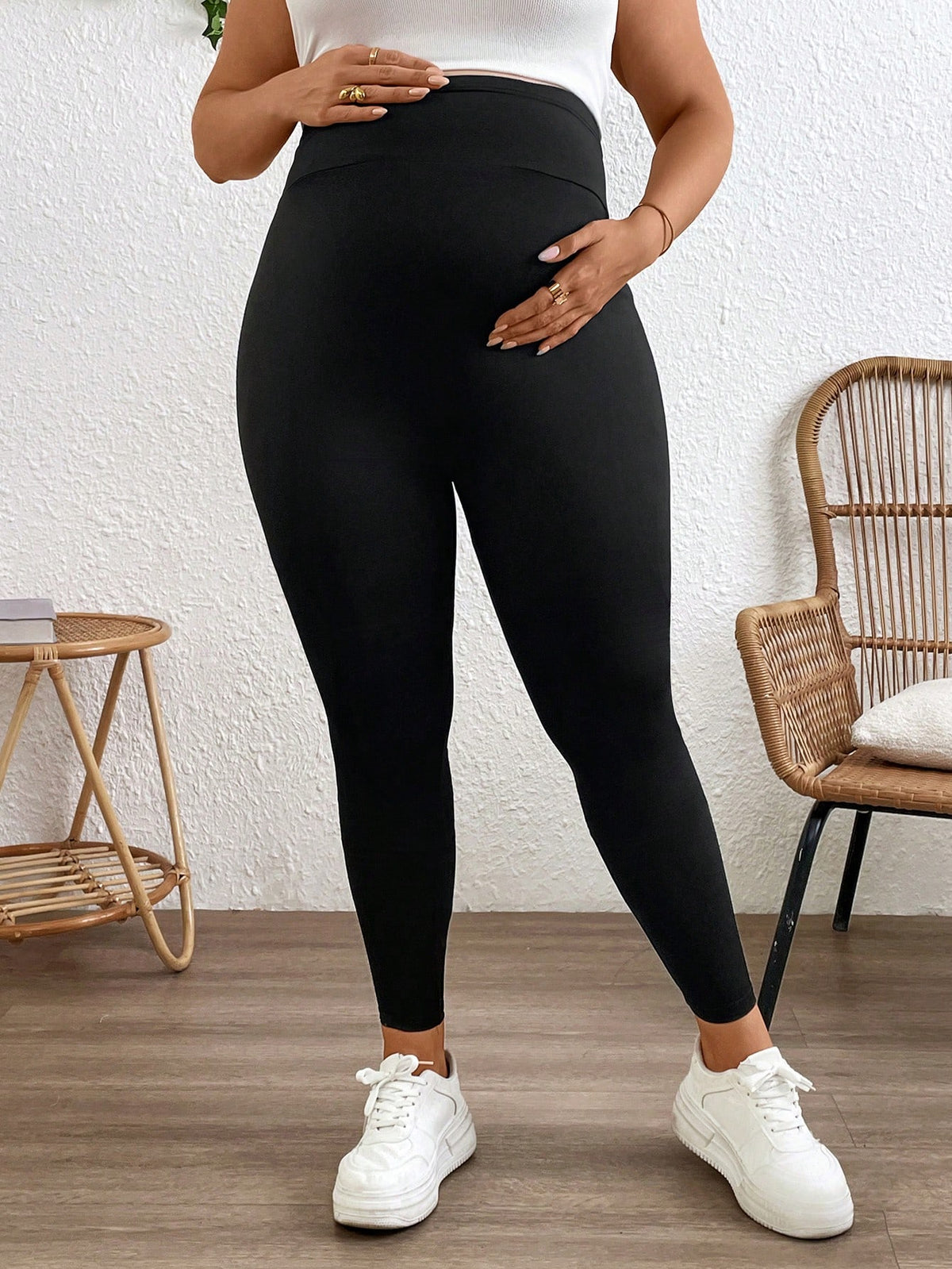 Plussiva Plus Size Women Pregnant Solid Color Adjustable Waist Tight Casual Pants