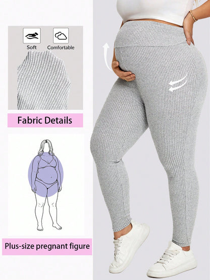 Plussiva Plus Size Women Pregnant Solid Color Adjustable Waist Tight Casual Pants