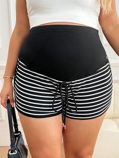 Plussiva Summer Casual Black Maternity Shorts,Plus-Size Pregnancy Clothing For Everyday,Adjustable Elastic Waist Drawstring Pregnant Outfits Gender Reveal