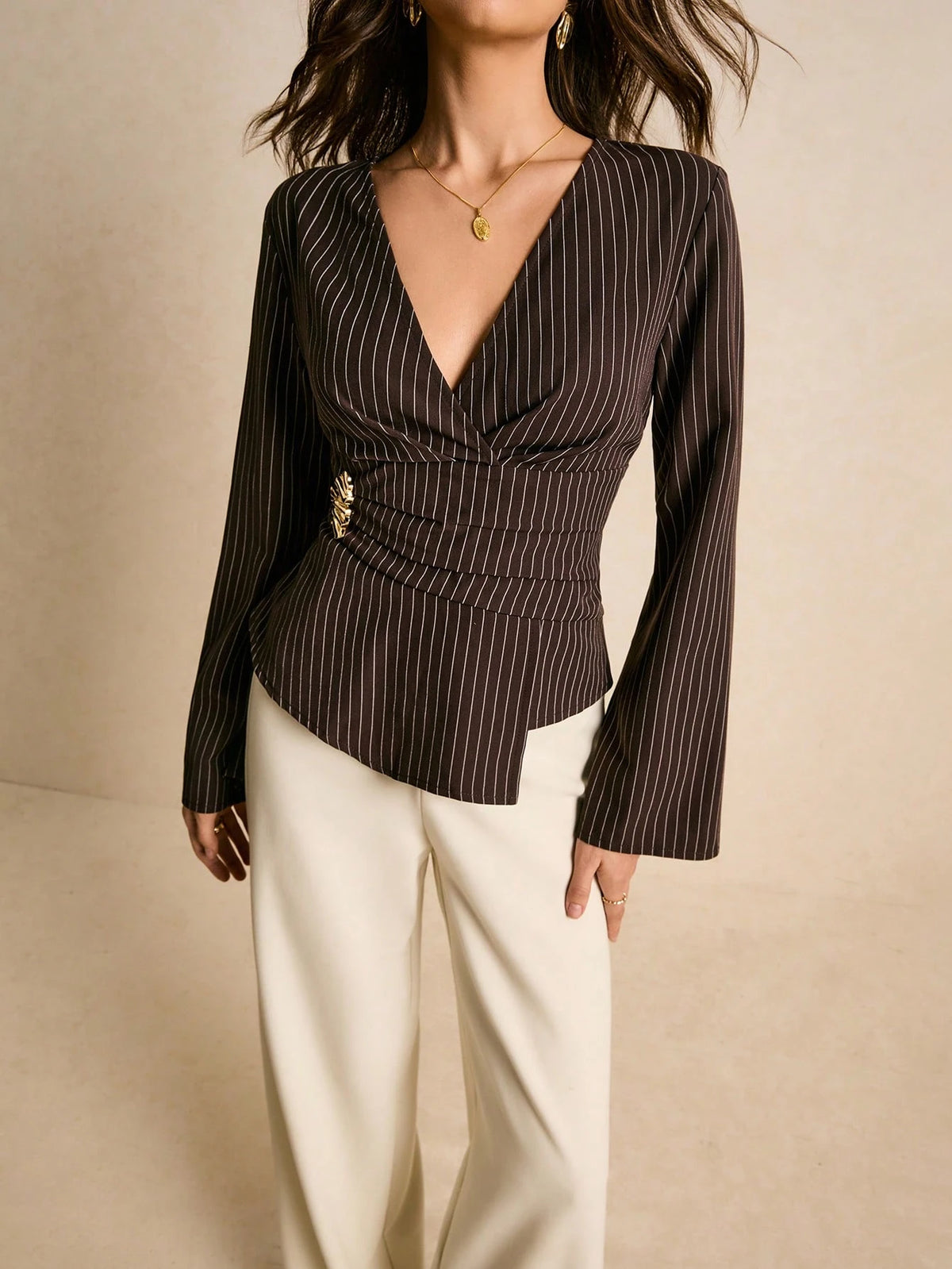 Poéselle Women's Brown Checkered Pinstripe Wrap Blouse,Elegant Office V-Neck Long Sleeve Peplum Top With Gold Button,Autumn Flared Sleeve Asymmetric Hem Shirt