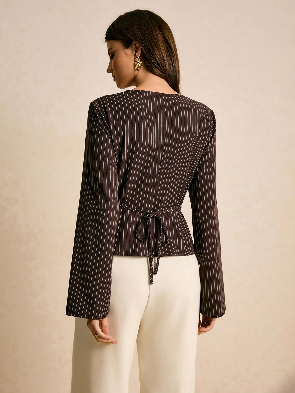 Poéselle Women's Brown Checkered Pinstripe Wrap Blouse,Elegant Office V-Neck Long Sleeve Peplum Top With Gold Button,Autumn Flared Sleeve Asymmetric Hem Shirt