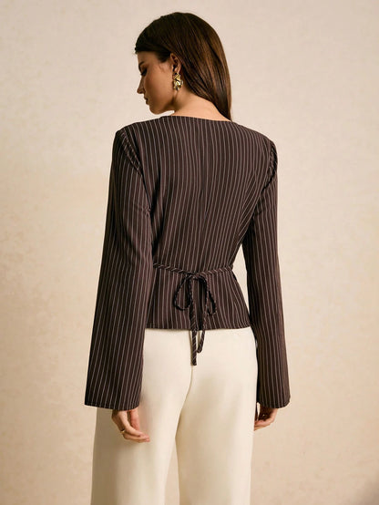 Poéselle Women's Brown Checkered Pinstripe Wrap Blouse,Elegant Office V-Neck Long Sleeve Peplum Top With Gold Button,Autumn Flared Sleeve Asymmetric Hem Shirt