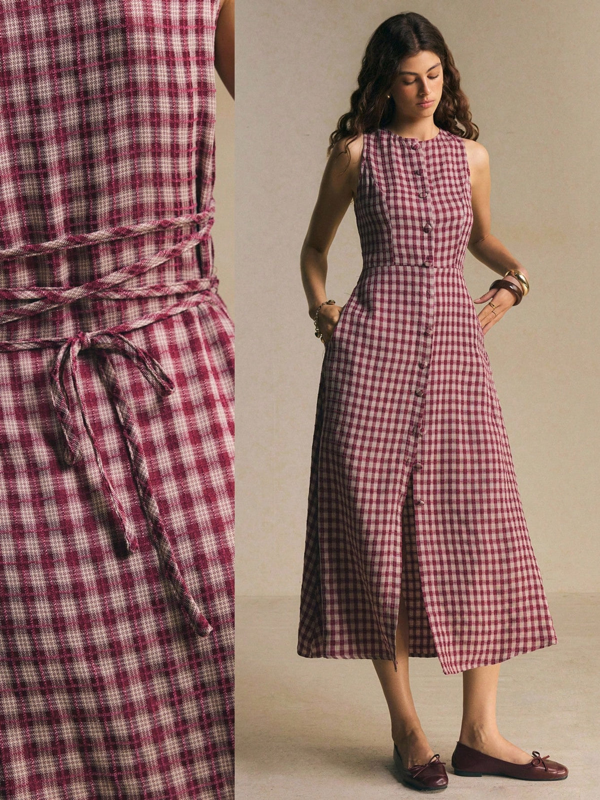 Poéselle Women's Burgundy Plaid Button-Up Cinched Waist Midi Dress, Summer Elegant French Fitted Silhouette, Brunch Picnic