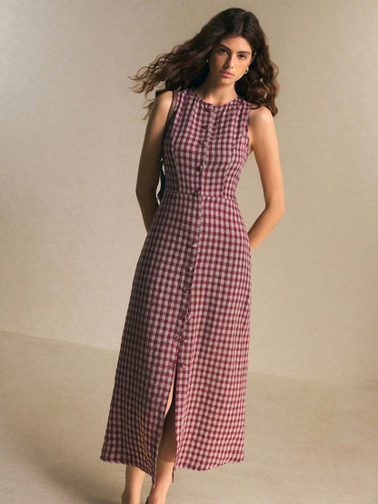Poéselle Women's Burgundy Plaid Button-Up Cinched Waist Midi Dress, Summer Elegant French Fitted Silhouette, Brunch Picnic
