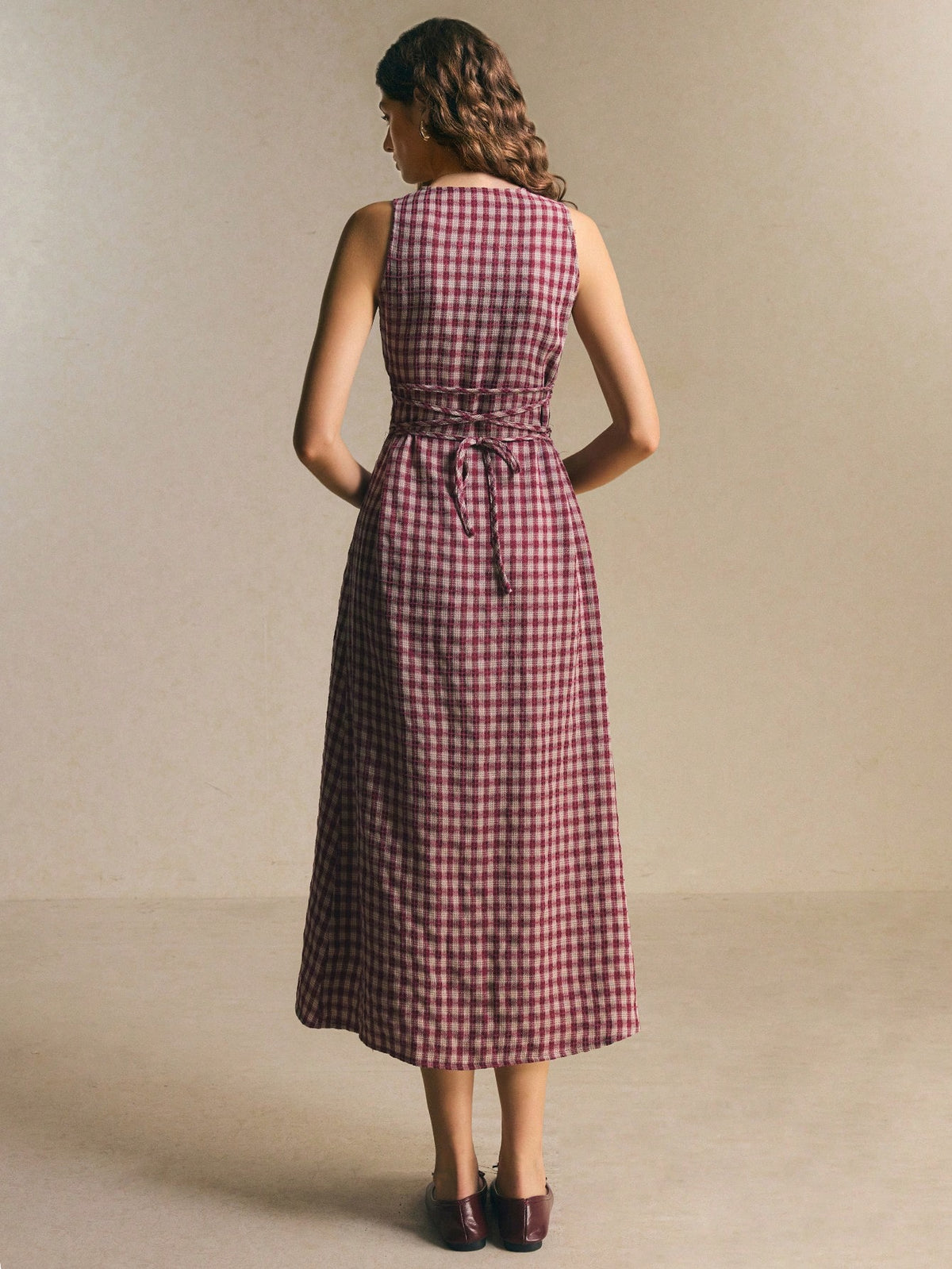 Poéselle Women's Burgundy Plaid Button-Up Cinched Waist Midi Dress, Summer Elegant French Fitted Silhouette, Brunch Picnic