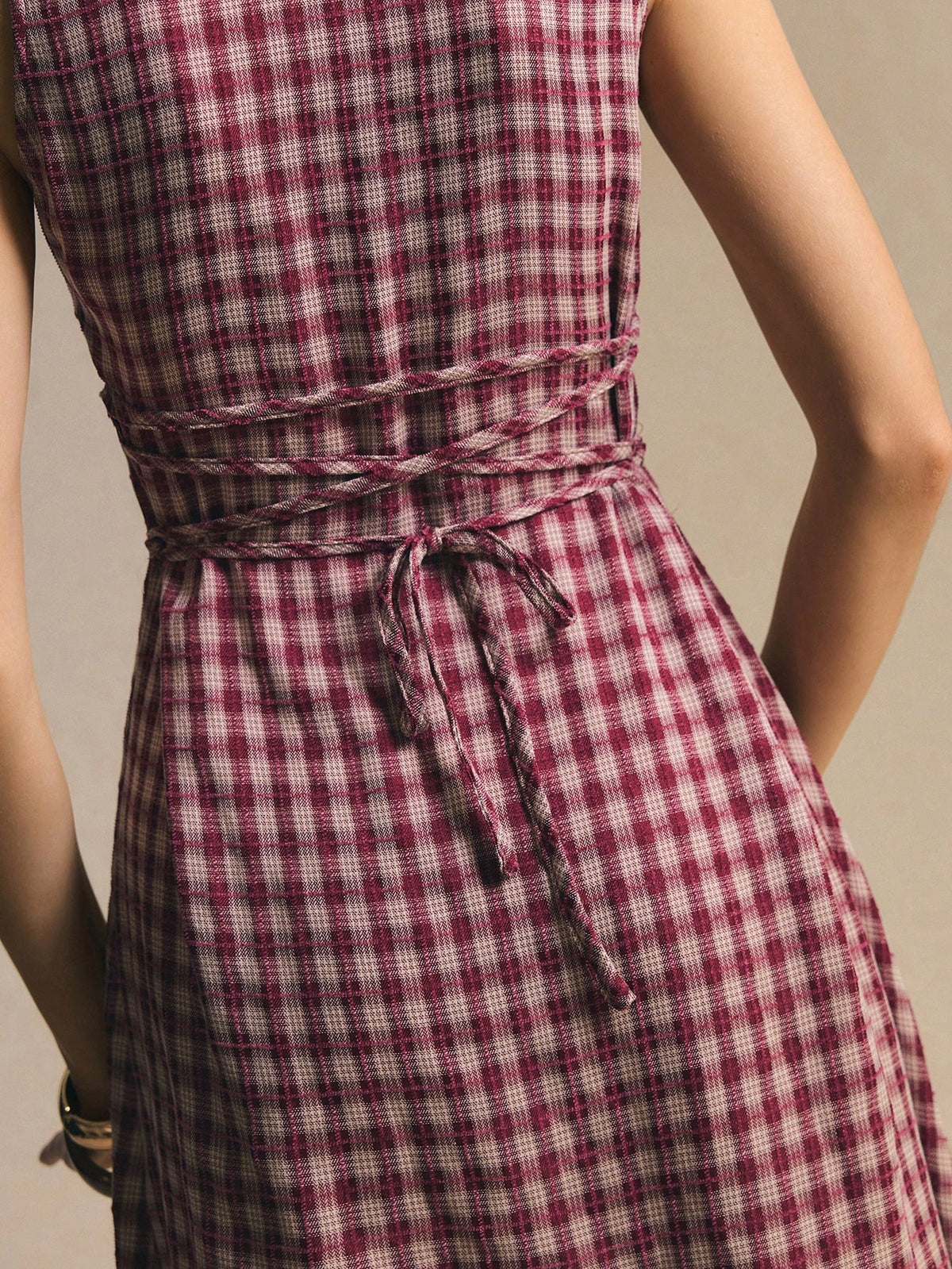 Poéselle Women's Burgundy Plaid Button-Up Cinched Waist Midi Dress, Summer Elegant French Fitted Silhouette, Brunch Picnic