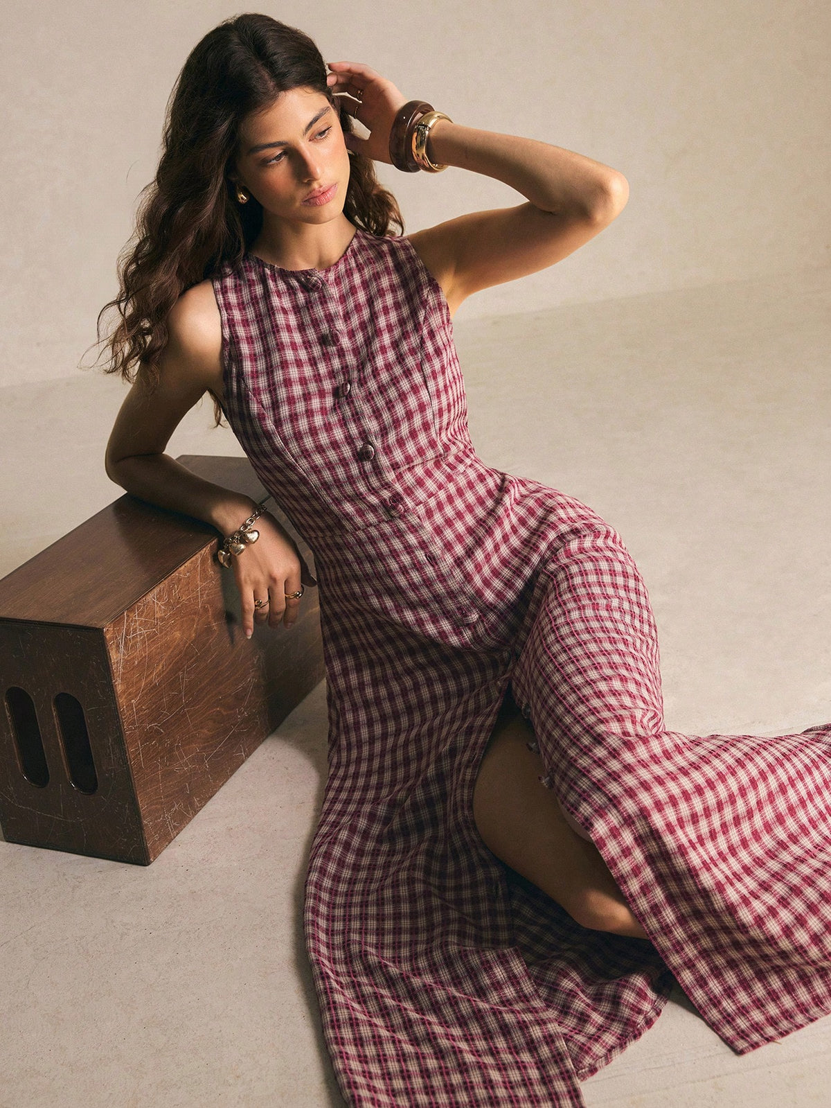 Poéselle Women's Burgundy Plaid Button-Up Cinched Waist Midi Dress, Summer Elegant French Fitted Silhouette, Brunch Picnic