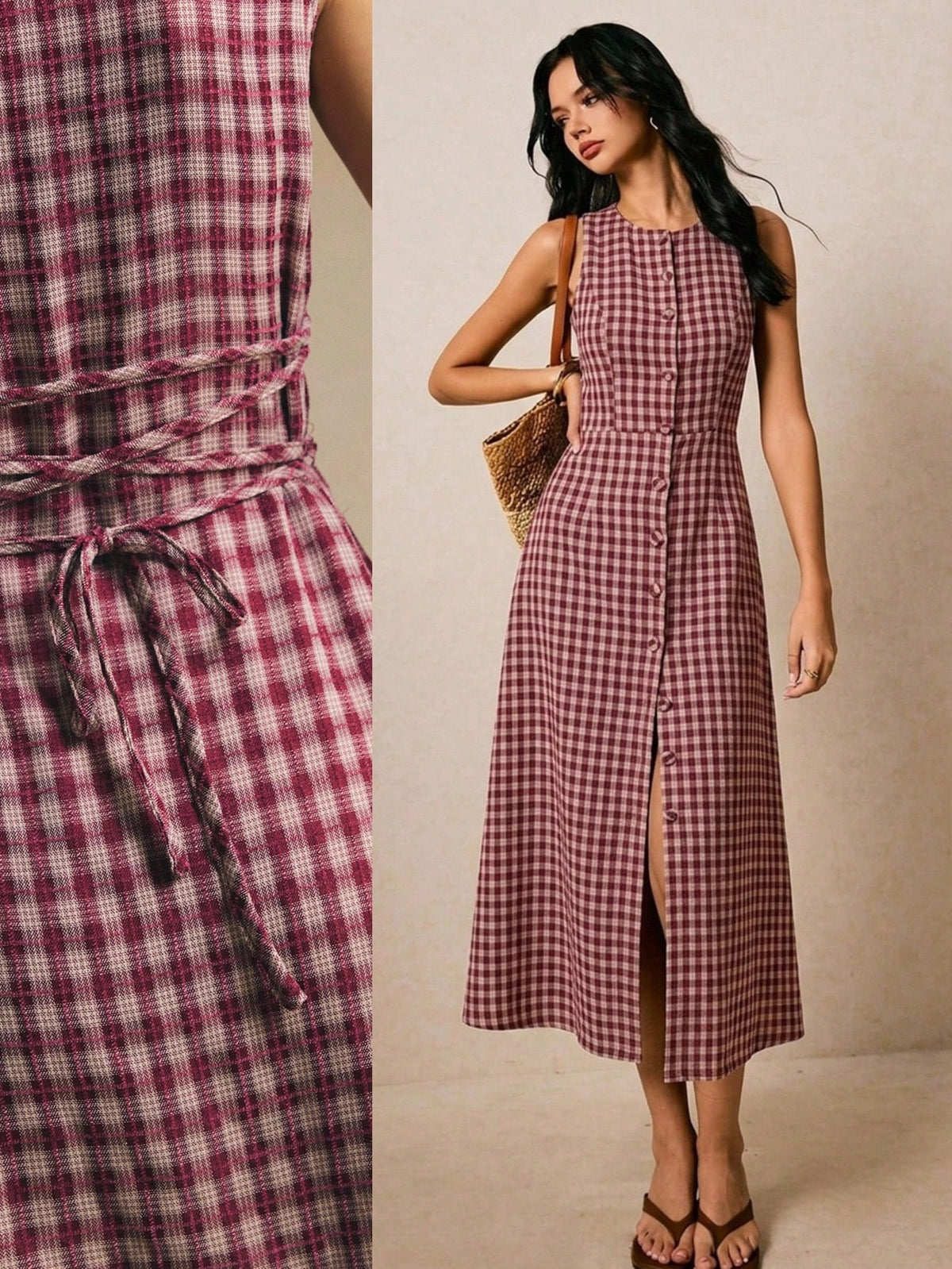 Poéselle Women's Burgundy Plaid Button-Up Cinched Waist Midi Dress, Summer Elegant French Fitted Silhouette, Brunch Picnic