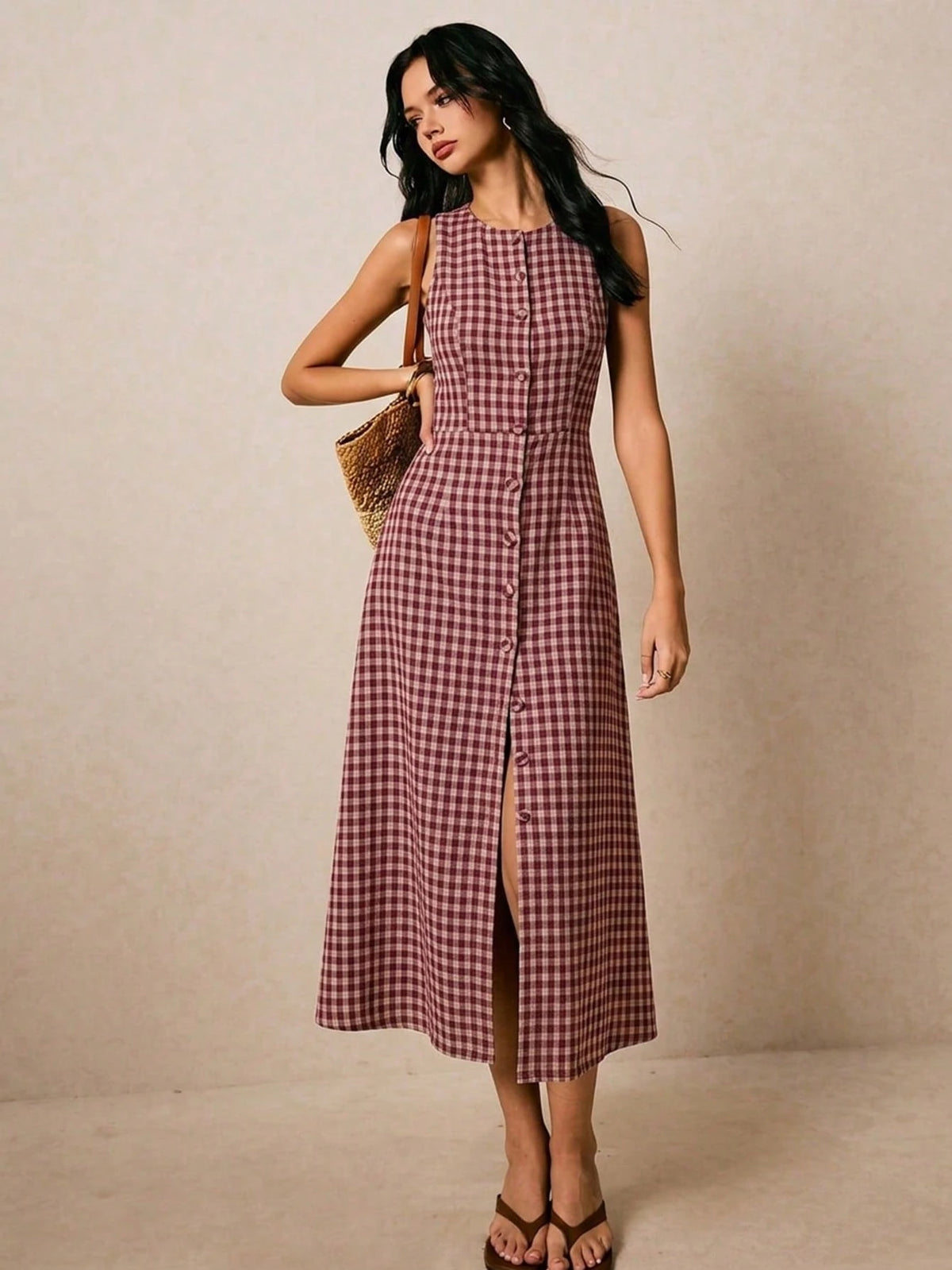 Poéselle Women's Burgundy Plaid Button-Up Cinched Waist Midi Dress, Summer Elegant French Fitted Silhouette, Brunch Picnic