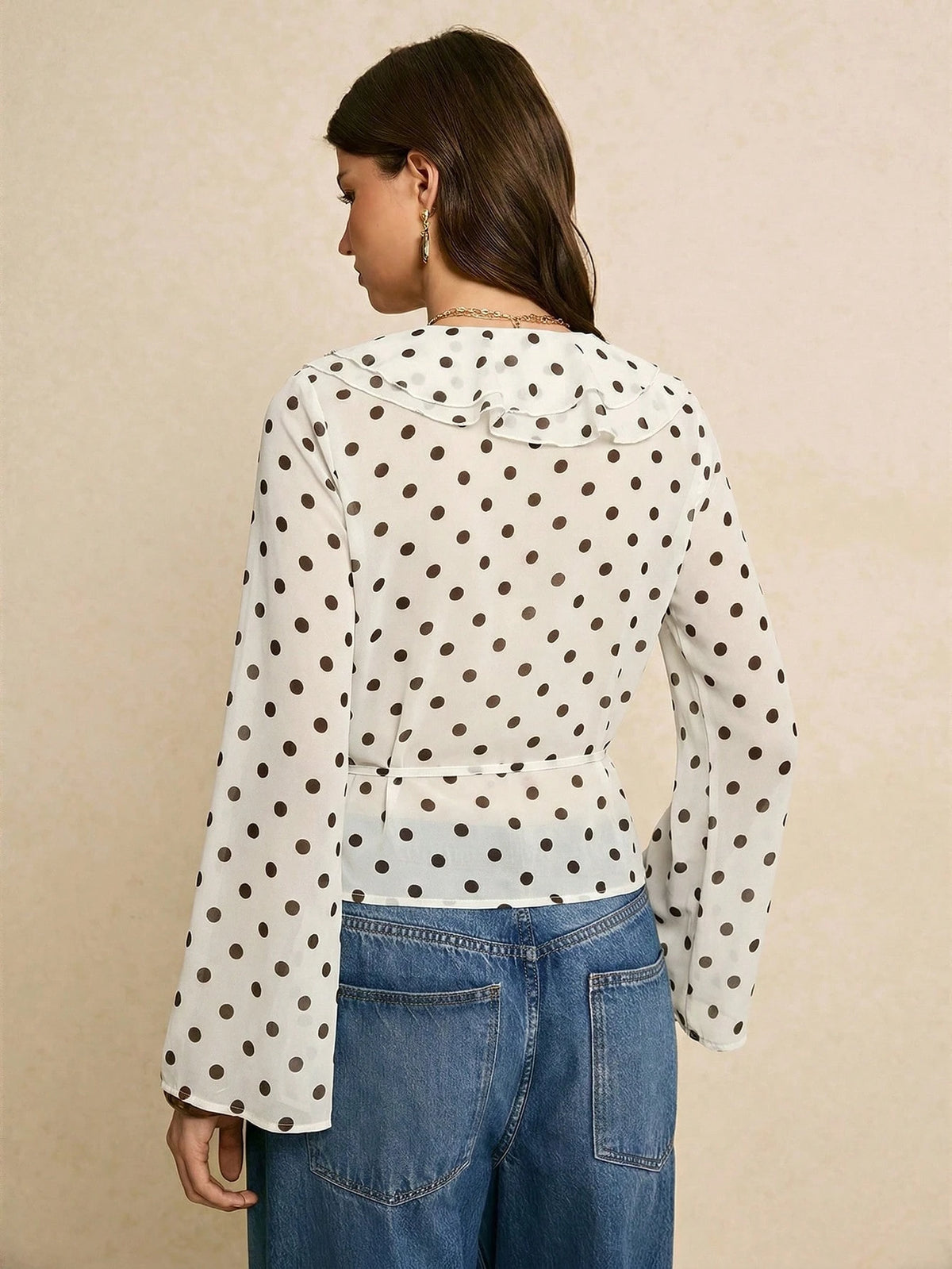 Poéselle Women's Elegant White With Black Polka Dots Blouse,Vintage Deep V-Neck Ruffle Sleeve Tops For Summer Tea Party,Business Casual Resort Style Shirts